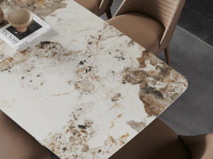 โต๊ะอาหารโครงขาสแตนเลสทรงอินฟีนิตี้ สีโรสโกล หน้าท็อปหิน