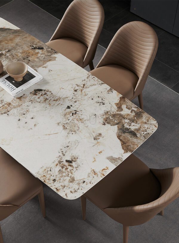 โต๊ะอาหารโครงขาสแตนเลสทรงอินฟีนิตี้ สีโรสโกล หน้าท็อปหิน